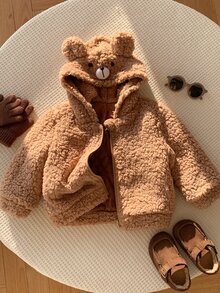 SHEIN 男女嬰兒/幼兒秋冬保暖內裡加厚可愛熊咪填充外套，嬰兒填充外套，冬季外套，保暖，加厚 - 駝色 - 查看 5
