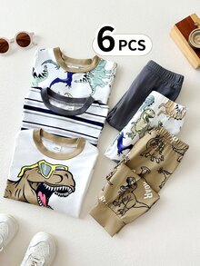 SHEIN Playful Pals 幼兒男童 6 件套貼身寬鬆套裝，可愛卡通恐龍與條紋印花軟針織長袖上衣與鬆緊腰長褲休閒套裝 - 彩色 - 查看 12