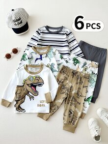 SHEIN Playful Pals 幼兒男童 6 件套貼身寬鬆套裝，可愛卡通恐龍與條紋印花軟針織長袖上衣與鬆緊腰長褲休閒套裝 - 彩色 - 查看 7