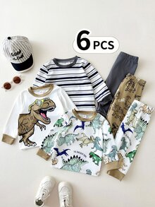 SHEIN Playful Pals 幼兒男童 6 件套貼身寬鬆套裝，可愛卡通恐龍與條紋印花軟針織長袖上衣與鬆緊腰長褲休閒套裝 - 彩色 - 查看 9
