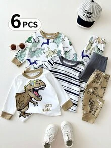 SHEIN Playful Pals 幼兒男童 6 件套貼身寬鬆套裝，可愛卡通恐龍與條紋印花軟針織長袖上衣與鬆緊腰長褲休閒套裝 - 彩色 - 查看 8