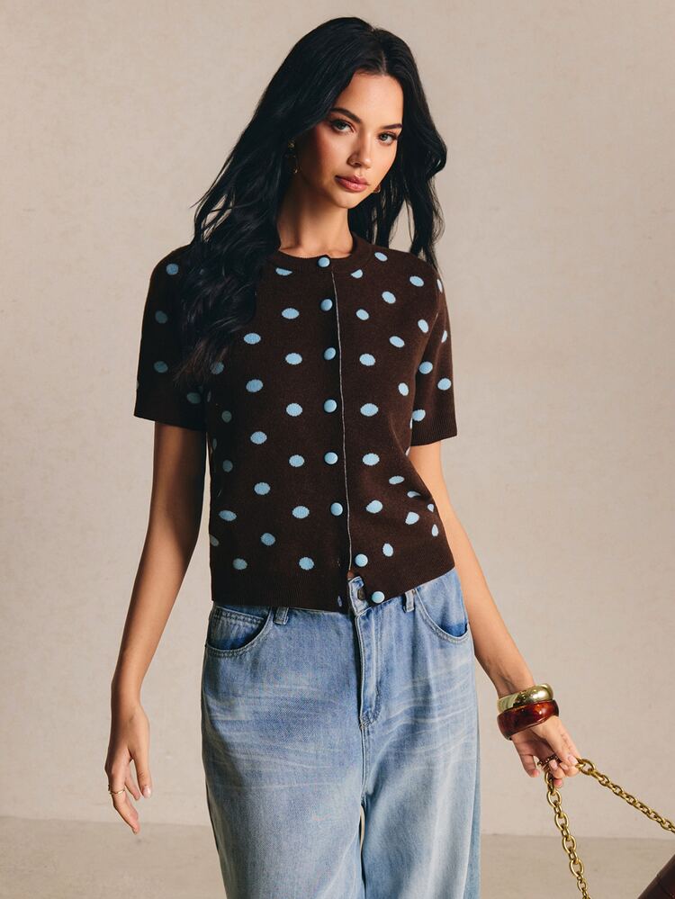 Poéselle 2026 New Women's Brown Polka Dot Knit Top, Short Sleeve Round Neck - Brown - View 5