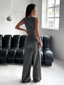 SHEIN EZwear 女款單鈕扣背心與長褲套裝，純色，適合夏季/商務早午餐/外出，灰色休閒風 - 淺灰色 - 查看 2