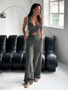SHEIN EZwear 女款單鈕扣背心與長褲套裝，純色，適合夏季/商務早午餐/外出，灰色休閒風 - 淺灰色 - 查看 6