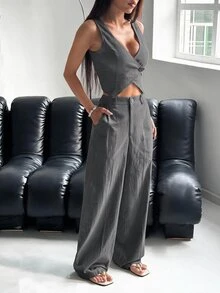 SHEIN EZwear 女款單鈕扣背心與長褲套裝，純色，適合夏季/商務早午餐/外出，灰色休閒風 - 淺灰色 - 查看 5