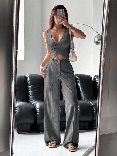 SHEIN EZwear Women Single-Button Vest And Pants Suit Set, Solid Color In Fall/Winter