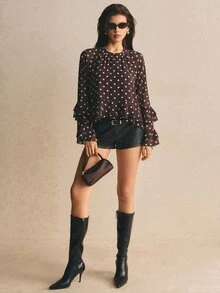 Poéselle 女款法式風格百搭波點荷葉邊下擺襯衫，適合約會、節慶，秋季女裝穿搭 - 咖啡棕 - 查看 1