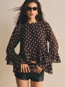Poéselle 女款法式風格百搭波點荷葉邊下擺襯衫，適合約會、節慶，秋季女裝穿搭 - 咖啡棕 - 查看 3