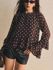 Poéselle 女款法式風格百搭波點荷葉邊下擺襯衫，適合約會、節慶，秋季女裝穿搭 - 咖啡棕 - 查看 7