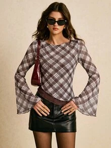 Poéselle 女款秋季時尚格紋不對稱下擺T恤上衣，適合外出與上班穿著，復古棕色上衣，秋冬款 - 棕色 - 查看 4