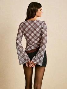 Poéselle 女款秋季時尚格紋不對稱下擺T恤上衣，適合外出與上班穿著，復古棕色上衣，秋冬款 - 棕色 - 查看 7