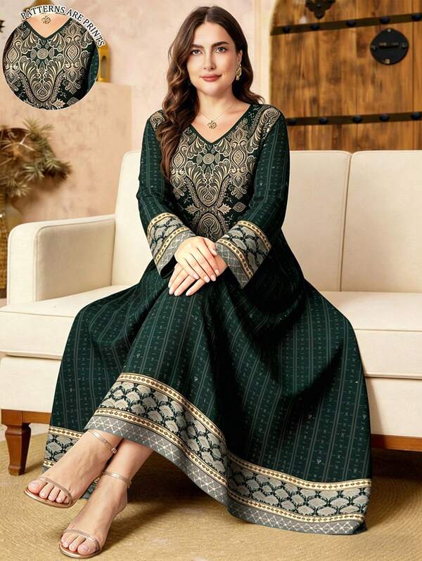SHEIN Najma Women's Plus Size Vintage Damascus Pattern Digital Print Dark Green Fashion V-Neck Long Sleeve Spring Autumn Elegant Arabic Dress