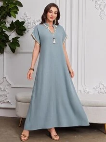 SHEIN Najma Light Blue Linen Stand Collar Tassel Sequin Short Sleeve Long Robe Middle East Muslim Casual Prayer Dress - Blue - View 4