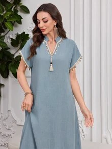 SHEIN Najma Light Blue Linen Stand Collar Tassel Sequin Short Sleeve Long Robe Middle East Muslim Casual Prayer Dress - Blue - View 1