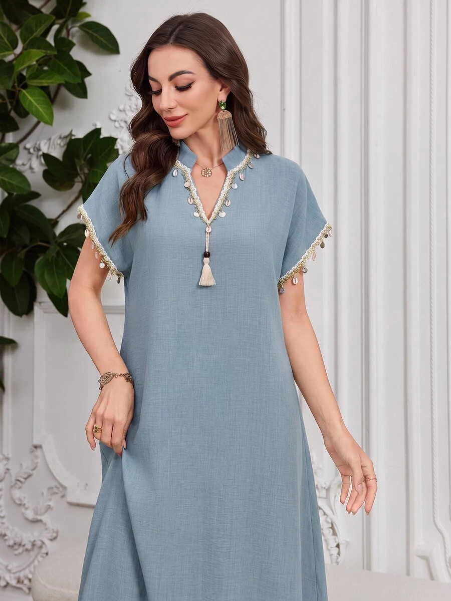 SHEIN Najma Light Blue Linen Stand Collar Tassel Sequin Short Sleeve Long Robe Middle East Muslim Casual Prayer Dress - Blue - View 1