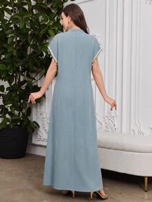 SHEIN Najma Light Blue Linen Stand Collar Tassel Sequin Short Sleeve Long Robe Middle East Muslim Casual Prayer Dress - Blue - View 2
