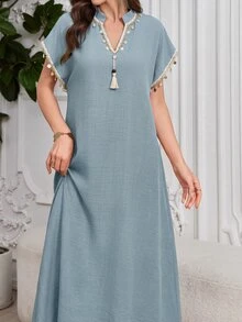SHEIN Najma Light Blue Linen Stand Collar Tassel Sequin Short Sleeve Long Robe Middle East Muslim Casual Prayer Dress - Blue - View 6