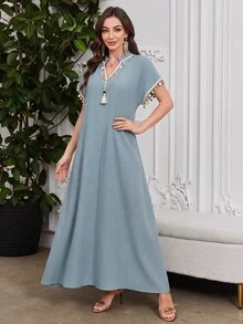 SHEIN Najma Light Blue Linen Stand Collar Tassel Sequin Short Sleeve Long Robe Middle East Muslim Casual Prayer Dress - Blue - View 5