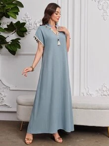 SHEIN Najma Light Blue Linen Stand Collar Tassel Sequin Short Sleeve Long Robe Middle East Muslim Casual Prayer Dress - Blue - View 3