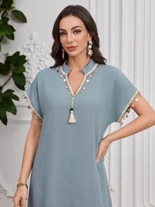 SHEIN Najma Light Blue Linen Stand Collar Tassel Sequin Short Sleeve Long Robe Middle East Muslim Casual Prayer Dress - Blue - View 8