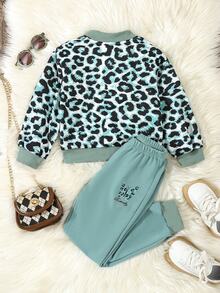 SHEIN Elladie kids Young Girl Leopard Print Baseball Jacket, Butterfly Print T-Shirt And Sweatpants 3pcs Casual Set, Spring Autumn - Multicolor - View 2
