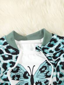 SHEIN Elladie kids Young Girl Leopard Print Baseball Jacket, Butterfly Print T-Shirt And Sweatpants 3pcs Casual Set, Spring Autumn - Multicolor - View 6