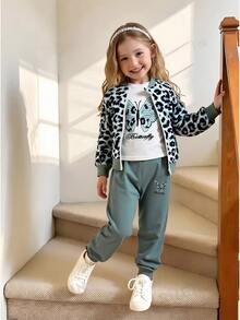 SHEIN Elladie kids Young Girl Leopard Print Baseball Jacket, Butterfly Print T-Shirt And Sweatpants 3pcs Casual Set, Spring Autumn - Multicolor - View 1