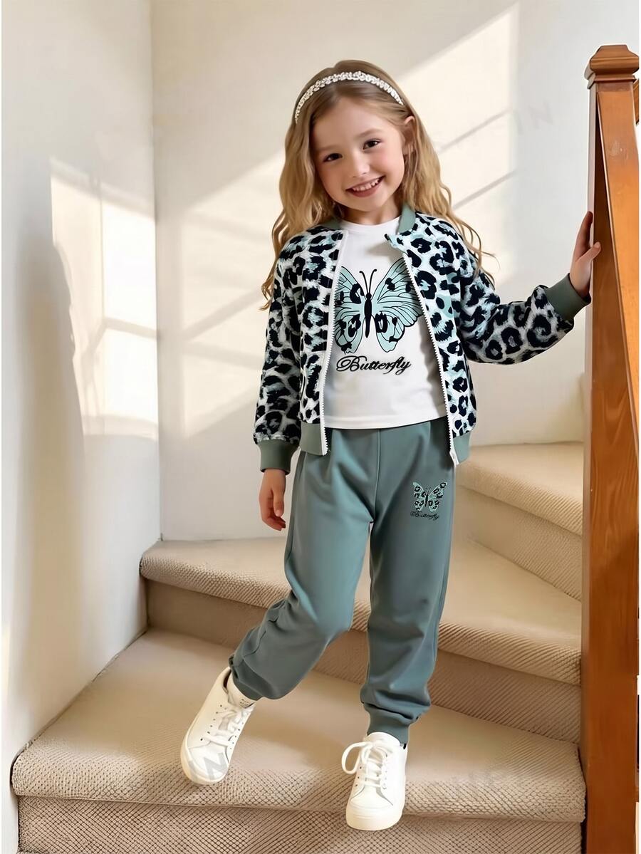 SHEIN Elladie kids Young Girl Leopard Print Baseball Jacket, Butterfly Print T-Shirt And Sweatpants 3pcs Casual Set, Spring Autumn - Multicolor - View 1