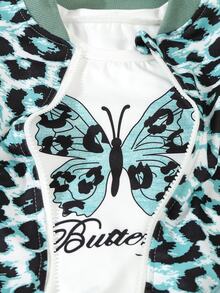 SHEIN Elladie kids Young Girl Leopard Print Baseball Jacket, Butterfly Print T-Shirt And Sweatpants 3pcs Casual Set, Spring Autumn - Multicolor - View 5