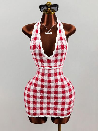 Mistrie Women's Sweater Dress Knitted Sleeveless Red And White Suspender Mini Skirt With Checkered Pattern L