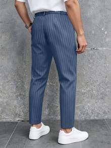 Manfinity Mode Men's Navy Blue Pinstripe Double Pleated Dress Pants, Straight Leg, Drape, Wrinkle-Resistant, Casual Suit Trousers For Commuting, Business, Dating, Daily Wear, Versatile - Navy Blue - View 4