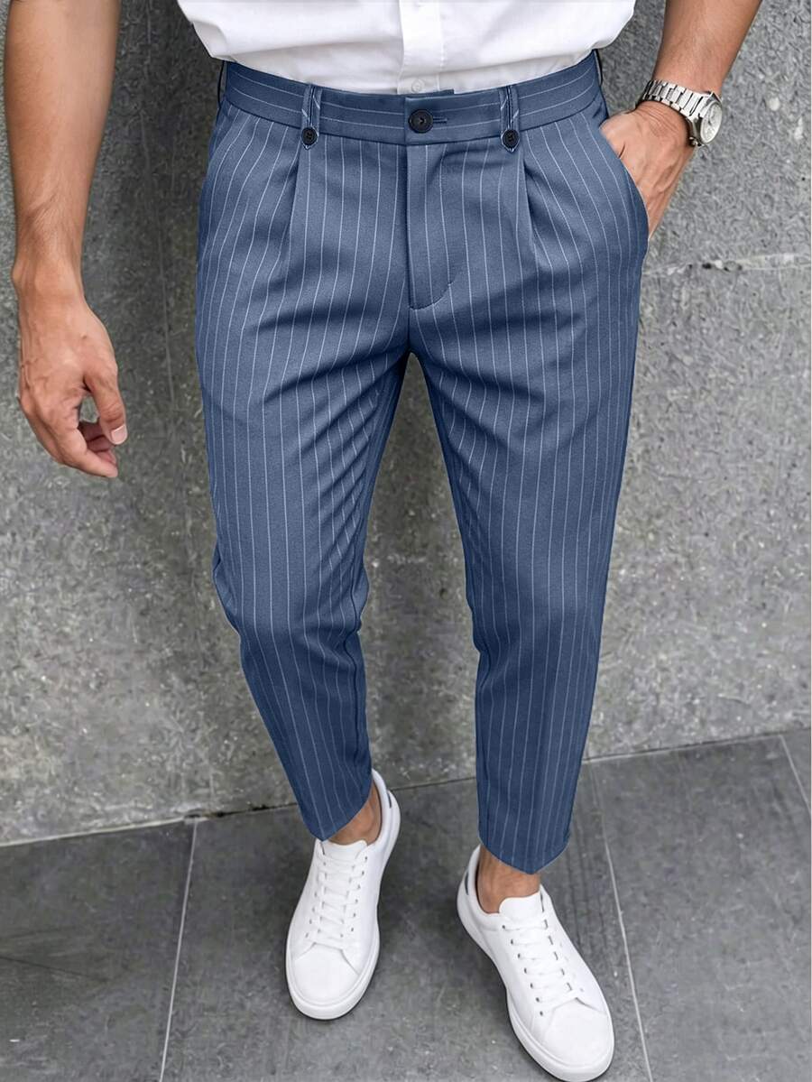 Manfinity Mode Men's Navy Blue Pinstripe Double Pleated Dress Pants, Straight Leg, Drape, Wrinkle-Resistant, Casual Suit Trousers For Commuting, Business, Dating, Daily Wear, Versatile - Navy Blue - View 1