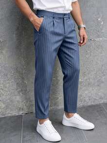 Manfinity Mode Men's Navy Blue Pinstripe Double Pleated Dress Pants, Straight Leg, Drape, Wrinkle-Resistant, Casual Suit Trousers For Commuting, Business, Dating, Daily Wear, Versatile - Navy Blue - View 6