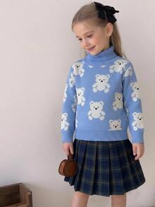 SHEIN 秋冬款幼童女童藍色圓領長袖動物提花針織毛衣套頭衫，返校季保暖舒適節慶穿搭聖誕裝 - 藍色 - 查看 9