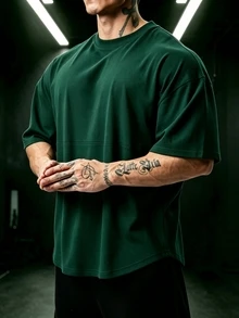 GymBeat 男士素色圓領落肩寬鬆休閒百搭短袖運動T恤，健身房適用 - 綠色 - 查看 3