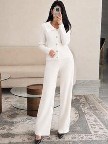Modelyn Women's Gentle Faux Pearl Button Sweater And Versatile Wide Leg Pants Set - White - View 3