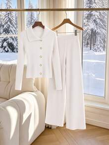 Modelyn Women's Gentle Faux Pearl Button Sweater And Versatile Wide Leg Pants Set - White - View 1