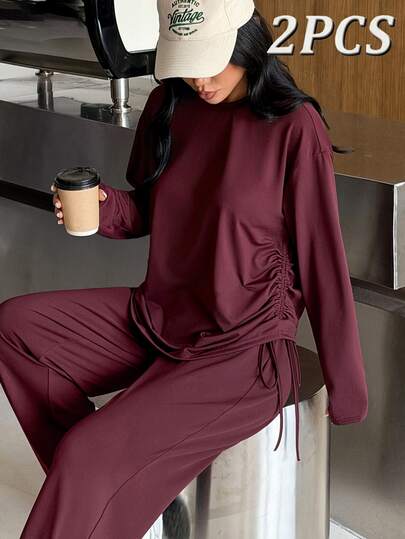 Muchica Women's Burgundy Long Sleeve Top & Wide Leg Pants Drawstring Side Detail High Stretch Sports Set Breathable Quick Dry Gym Yoga Activewear Lounge