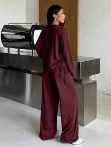 Muchica Women's Long Sleeve Top Wide Leg Pants Drawstring Side Detail High Stretch Sports Set Breathable Quick Dry Gym Yoga Activewear Lounge - Chocolate Brown - View 6
