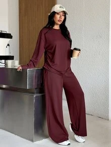 Muchica Women's Long Sleeve Top Wide Leg Pants Drawstring Side Detail High Stretch Sports Set Breathable Quick Dry Gym Yoga Activewear Lounge - Chocolate Brown - View 5
