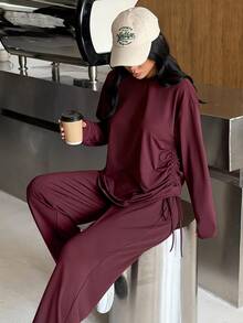 Muchica Women's Long Sleeve Top Wide Leg Pants Drawstring Side Detail High Stretch Sports Set Breathable Quick Dry Gym Yoga Activewear Lounge - Chocolate Brown - View 10