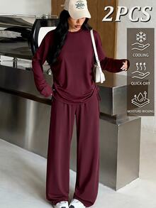 Muchica Women's Long Sleeve Top Wide Leg Pants Drawstring Side Detail High Stretch Sports Set Breathable Quick Dry Gym Yoga Activewear Lounge - Chocolate Brown - View 3