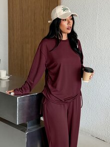 Muchica Women's Long Sleeve Top Wide Leg Pants Drawstring Side Detail High Stretch Sports Set Breathable Quick Dry Gym Yoga Activewear Lounge - Chocolate Brown - View 7
