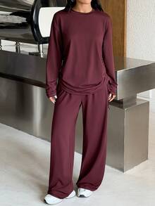 Muchica Women's Long Sleeve Top Wide Leg Pants Drawstring Side Detail High Stretch Sports Set Breathable Quick Dry Gym Yoga Activewear Lounge - Chocolate Brown - View 9