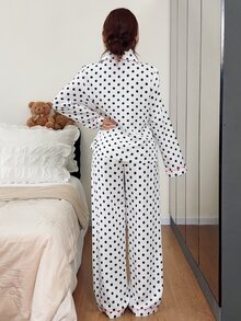 Napfluff 女款波點泡泡皺褶開襟長袖睡衣套裝 - 黑與白 - 查看 2