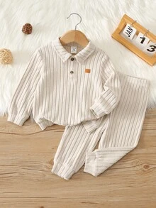 SHEIN 2pcs Baby Boy Autumn/Winter Casual Cute Knitted Apricot Simple Polo Collar Sweatshirt & Pants Set, 2-Piece Outfit, Infant Set, Polo Set, Sweatshirt Set - Multicolor - View 4