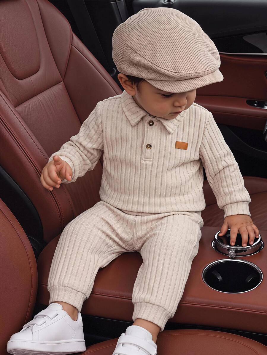 SHEIN 2pcs Baby Boy Autumn/Winter Casual Cute Knitted Apricot Simple Polo Collar Sweatshirt & Pants Set, 2-Piece Outfit, Infant Set, Polo Set, Sweatshirt Set - Multicolor - View 1