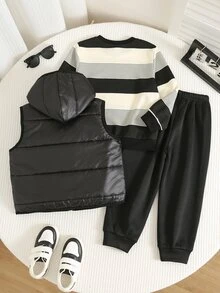 SHEIN 3件組男孩秋冬休閒加厚條紋背心、運動衫、黑色長褲套裝，外套套裝，男孩套裝，條紋套裝，秋冬套裝，滑雪套裝 - 彩色 - 查看 3