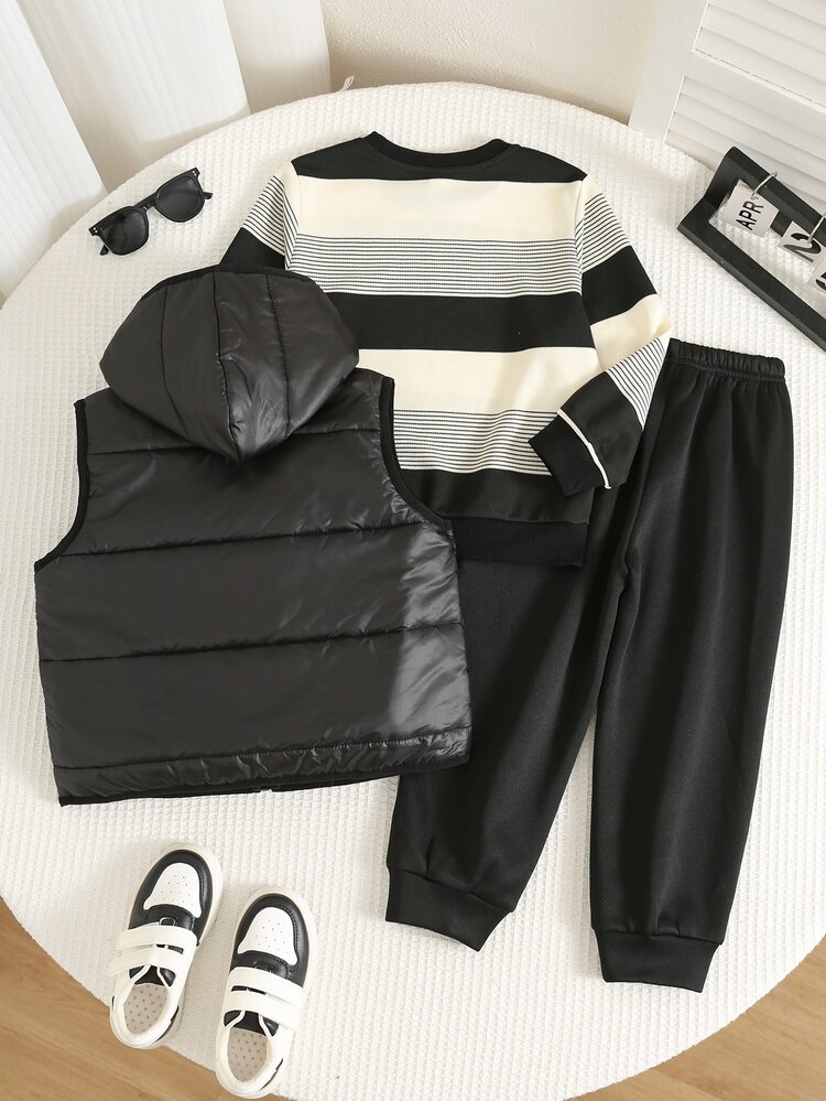 SHEIN 3pcs/Set Kids Young Boy Autumn/Winter Casual Thick Vest Striped Sweatshirt Black Sweatpants Long Pants Outfit Set, Outerwear Set, Boys Outfit, Striped Set, Autumn/Winter Set, Skiing Set - Multicolor - View 3