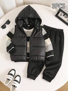 SHEIN 3件組男孩秋冬休閒加厚條紋背心、運動衫、黑色長褲套裝，外套套裝，男孩套裝，條紋套裝，秋冬套裝，滑雪套裝 - 彩色 - 查看 4
